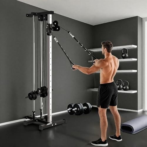 Adjustable Wall Mount Cable Machine, 15-Position Dual Pulley System Home Gym