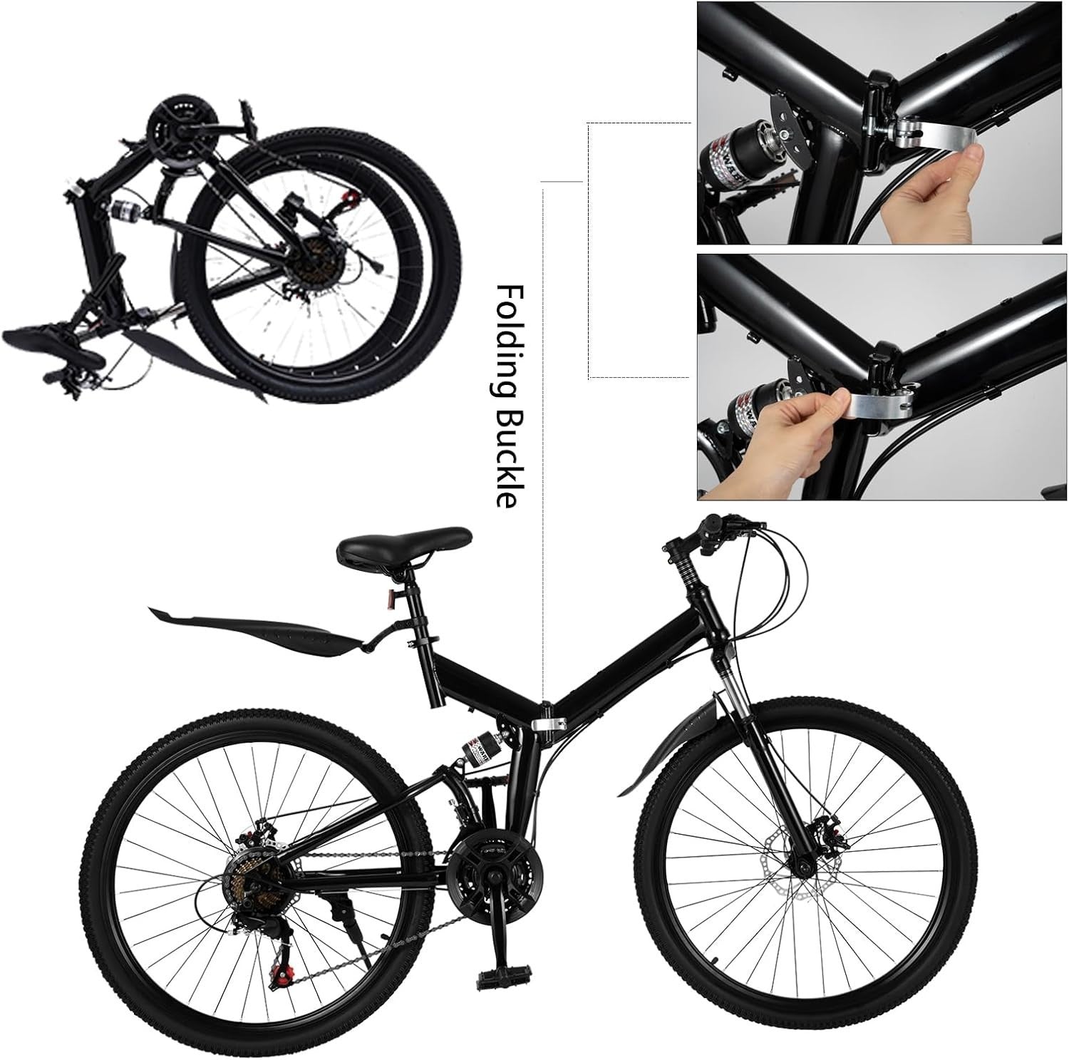 26" Folding Mountain Bike 21 Speed Disc Brakes Carbon Steel Frame Mudguard