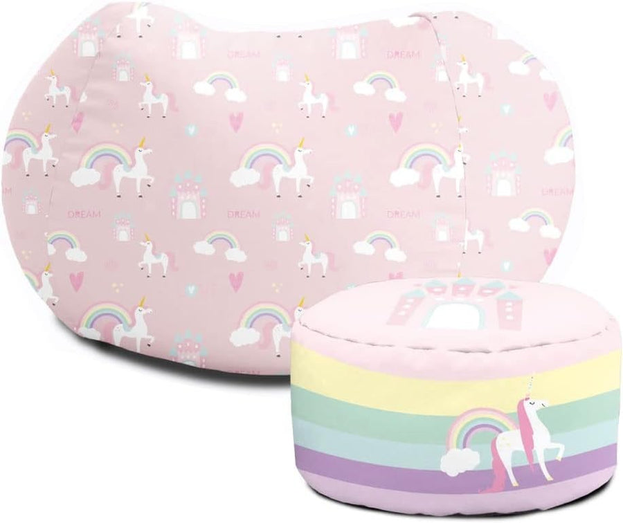 Unicorn Castle Kids Bean Bag with Footstool | Machine Washable Soft Seat