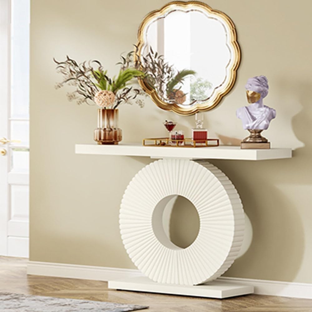 Modern White Hallway Console Table with Flower Base | Slim Entryway Design