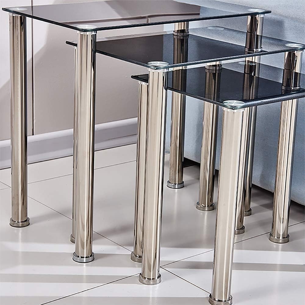 Nest of 3 Modern Coffee Table Set Rectangular Glass Top Chrome Metal Legs Black
