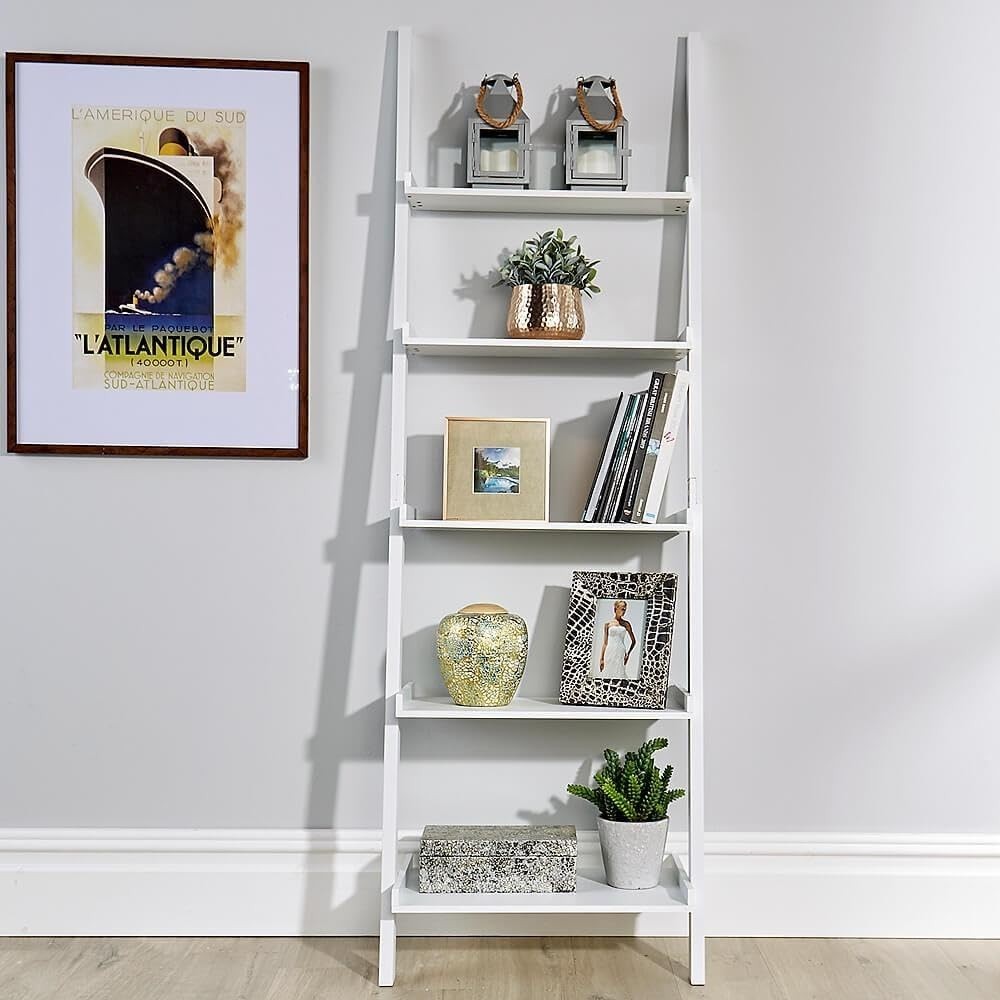5 Tier Ladder Bookcase Shelving Unit Wall Storage Display Shelf White