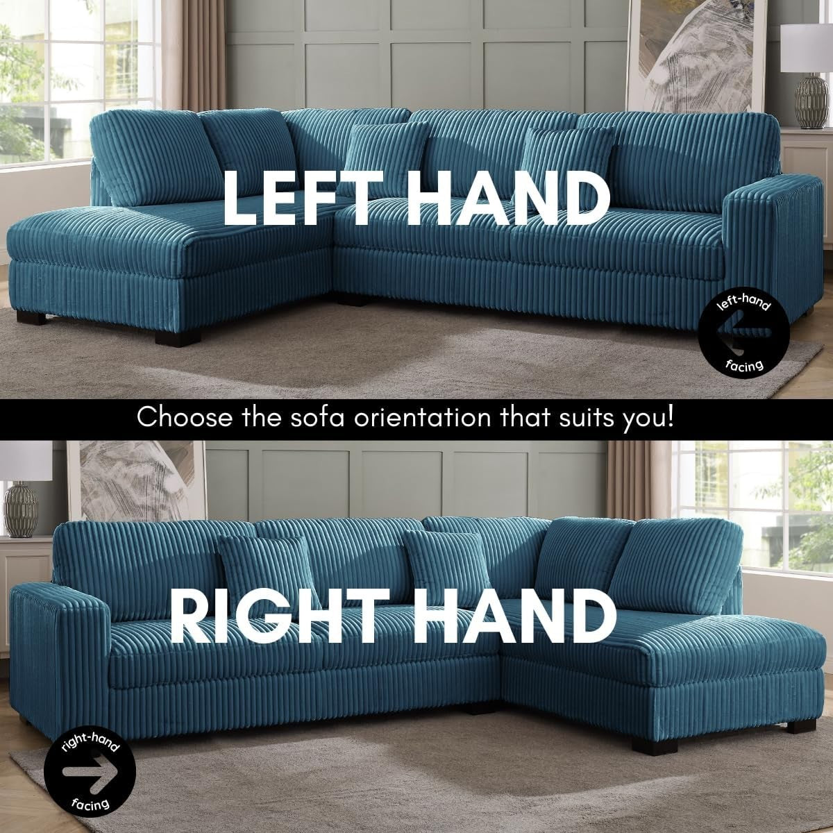 L-Shape Large Corner Sofa 5 Seater Blue Teddy Jumbo Cord Right Hand Facing