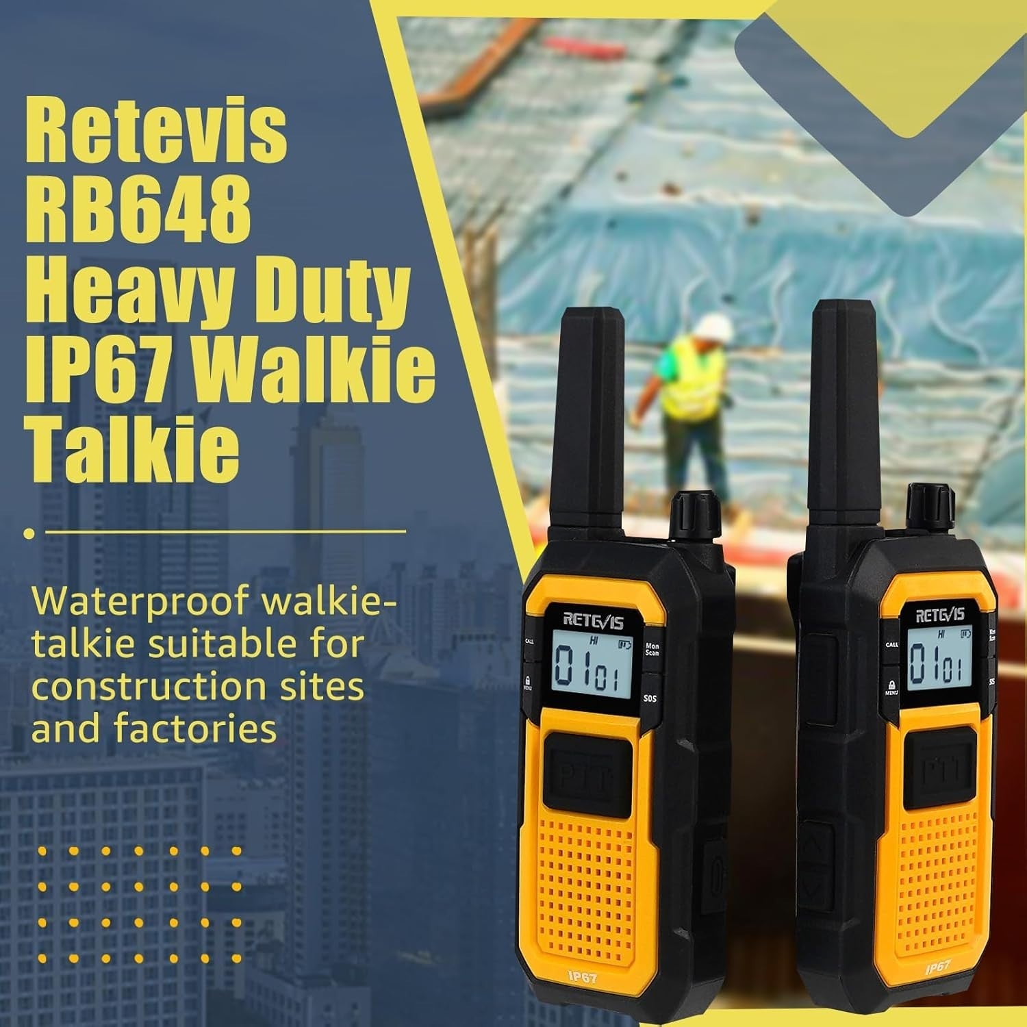 Waterproof Heavy Duty Walkie Talkies IP67 VOX Dual PTT 2 Pack