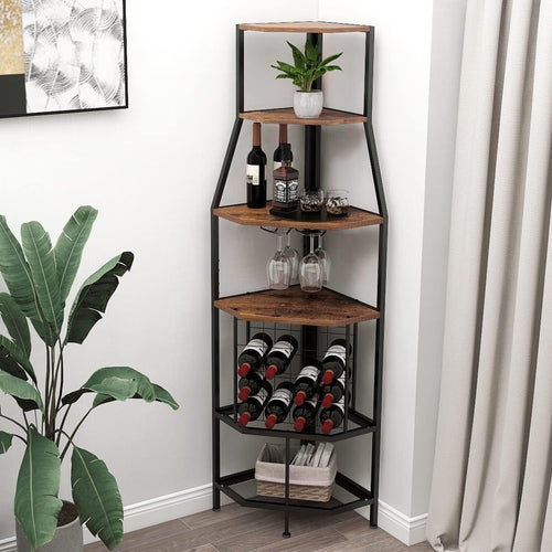 Corner Wine Rack Bar Cabinet with Glass Holder & 5-Tier Display Shelves – Brown