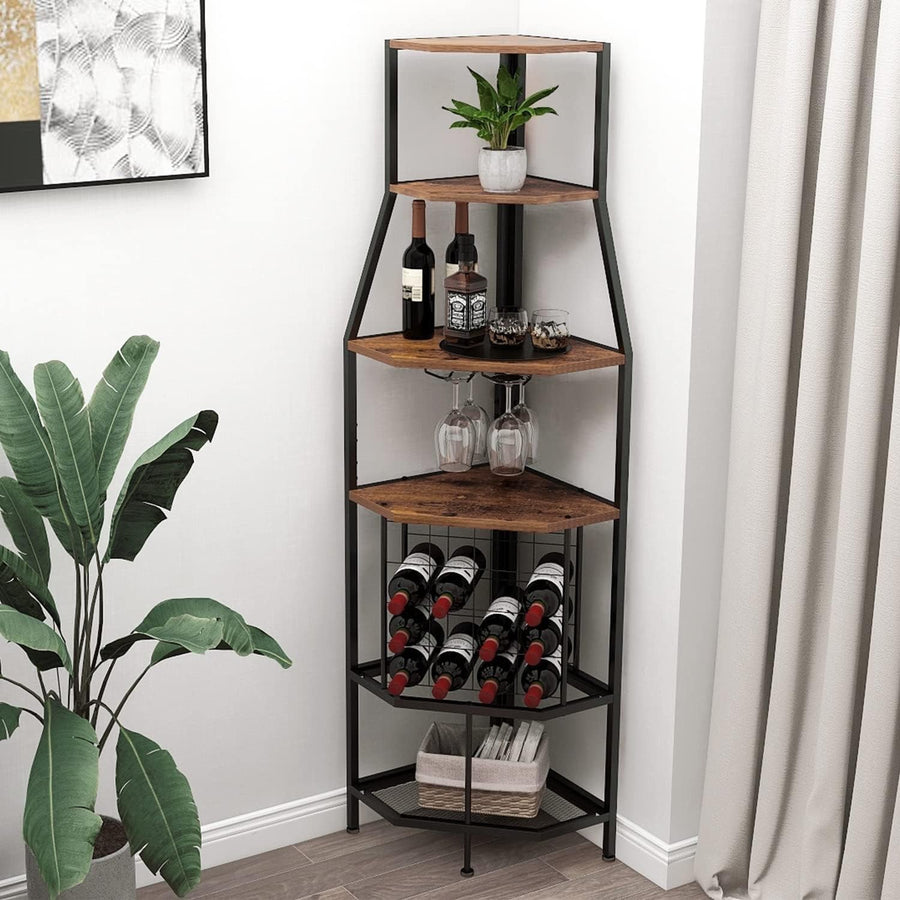 Corner Wine Rack Bar Cabinet with Glass Holder & 5-Tier Display Shelves – Brown