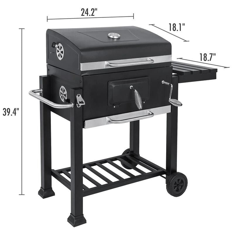 Outdoor Charcoal BBQ Grill with Wheels, Thermometer & Side Racks – 113cm
