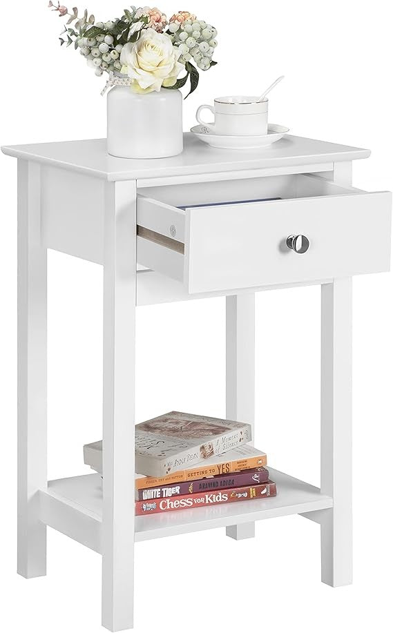 White Bedside Table with Drawer & Shelf | Modern Wooden Nightstand 30x40x61cm