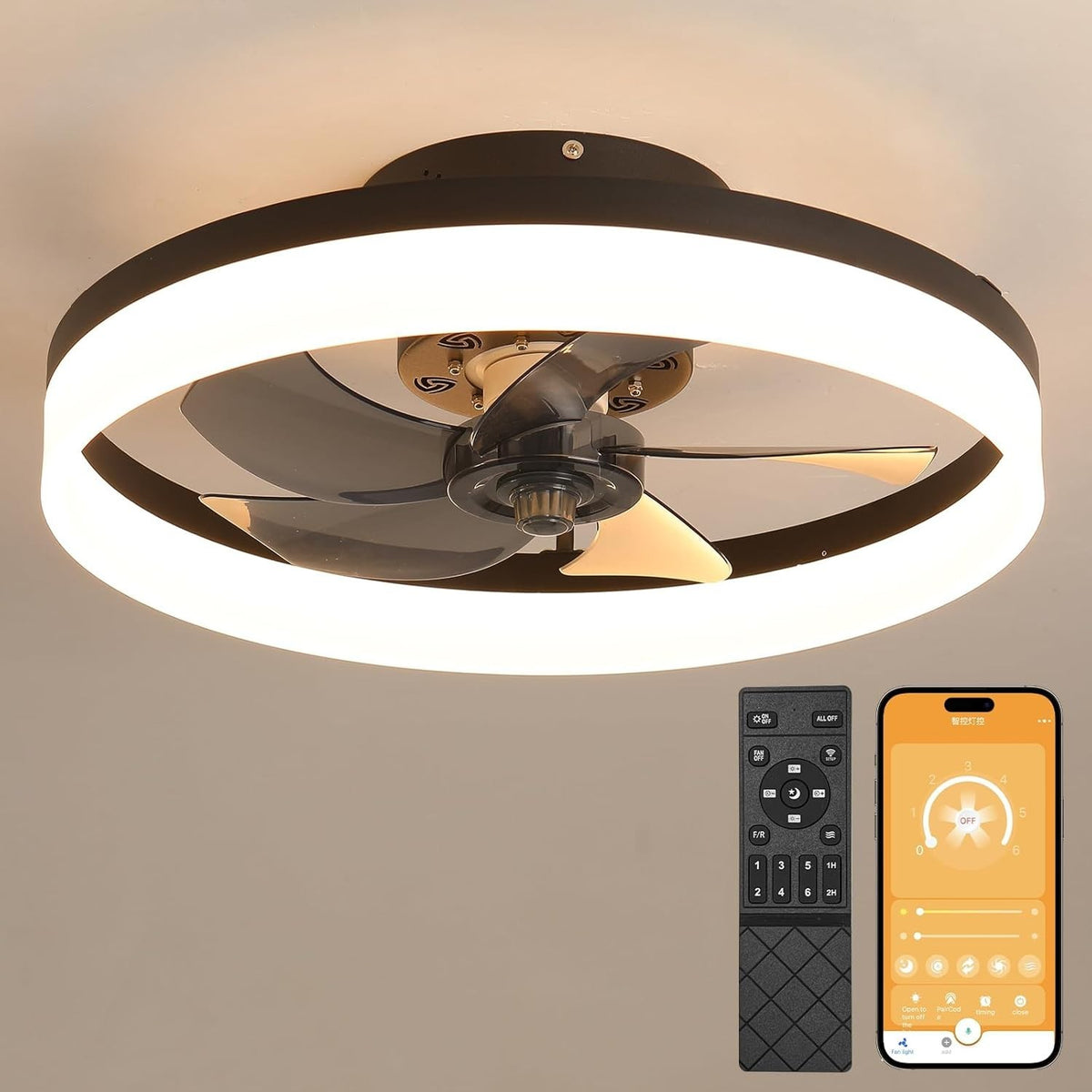 MOSSCO 50cm Ceiling Fan with Lights 6 Speeds LED Dimmable Remote Black