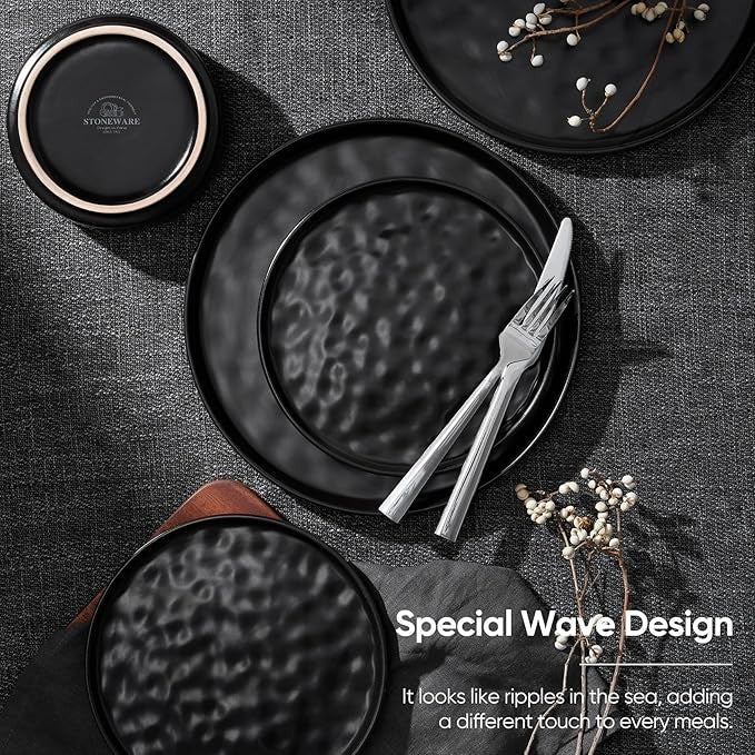 12pc Matte Black Stoneware Dinner Set Plates Bowls Modern Service for 4