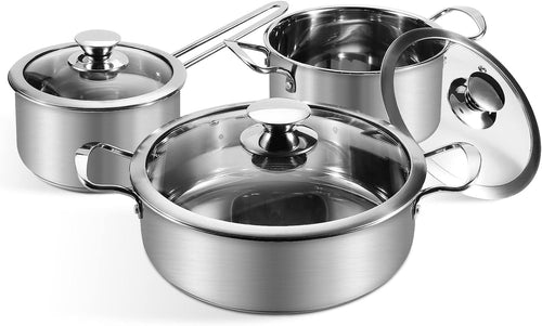 6pcs Stainless Steel Saucepan & Pot Set with Glass Lids – Induction Compatible