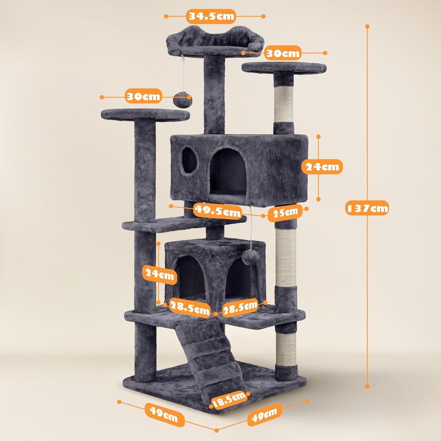 Large Cat Tree 138.5cm Multi Level Scratching Tower Condo Dark Grey
