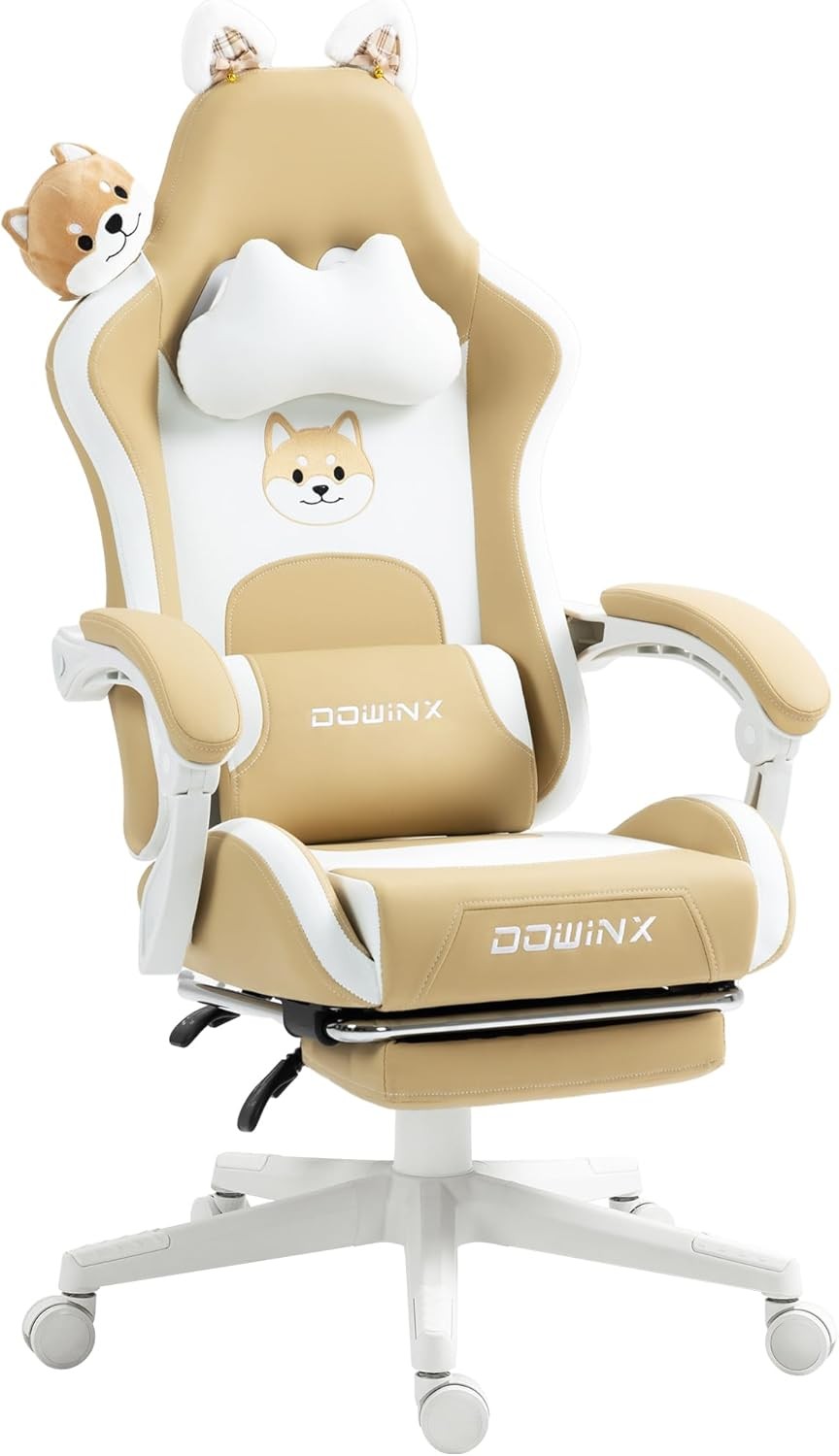 Cute Dog Ear Gaming Chair Massage Lumbar Footrest 290lbs Brown