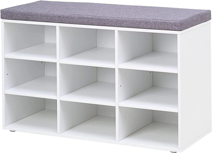 Shoe Bench with Cushion Storage Seat, 9 Compartment Hallway Unit, White