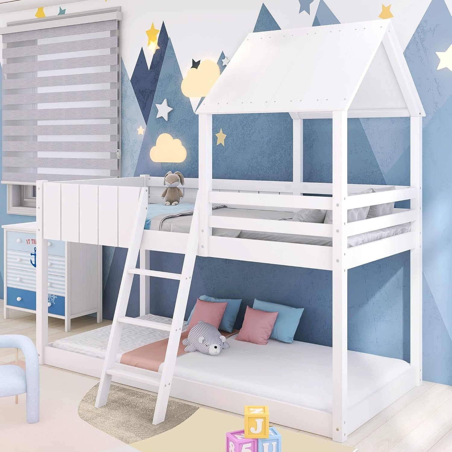 White Kids Bunk Bed with Canopy Ladder Storage | Mid Sleeper 90x190cm