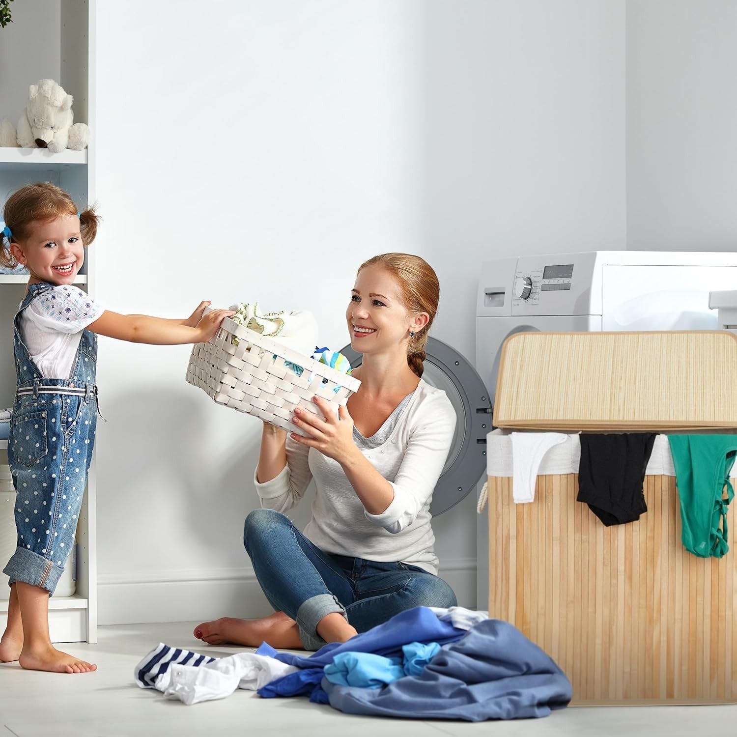 White Bamboo Laundry Basket 3-Compartment Sorter with Lid | Folding 62cm Hamper