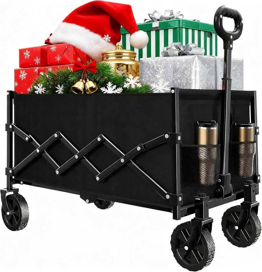 159kg Heavy Duty Folding Festival Trolley Wagon with All-Terrain Wheels Black