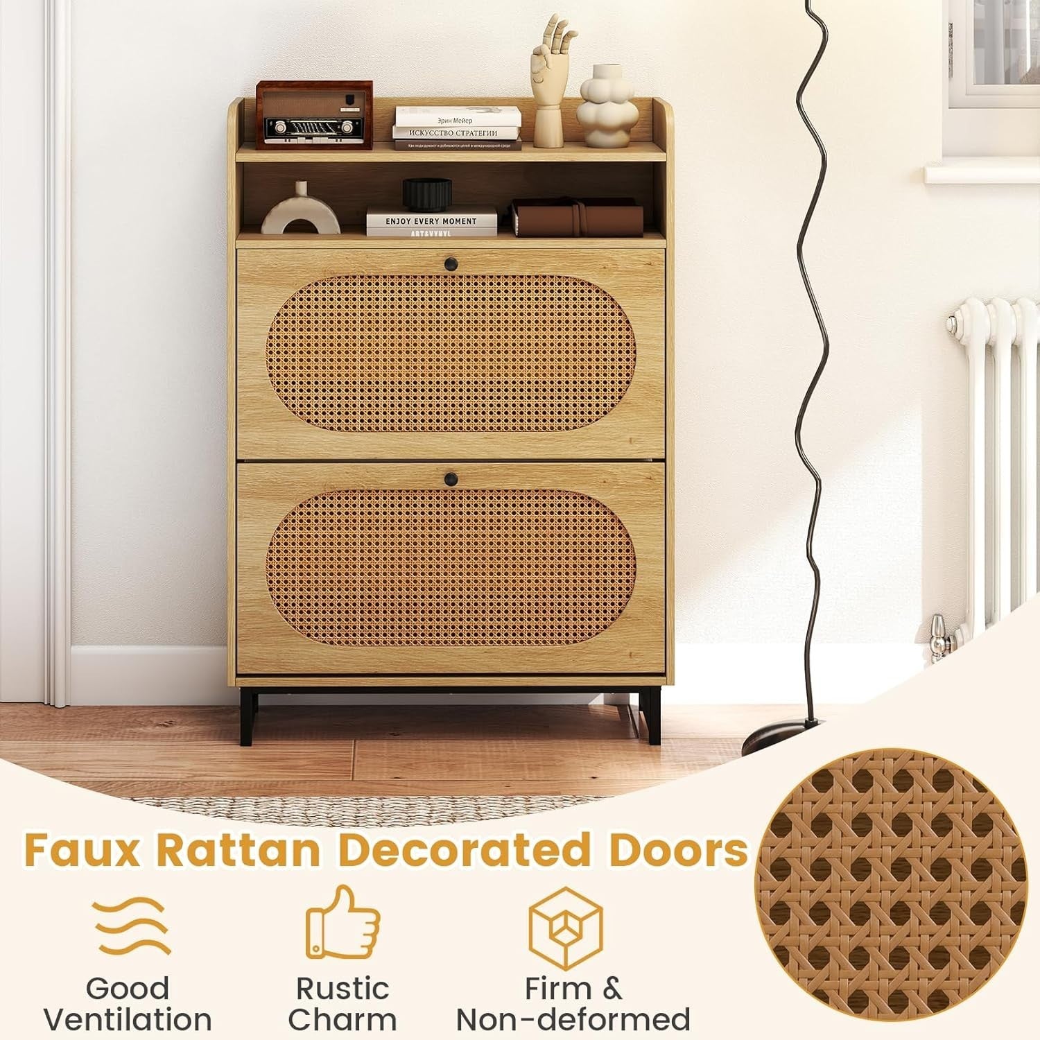 Narrow Rattan Shoe Cabinet with 2 Flip Drawers & Open Shelf 80x24x115cm