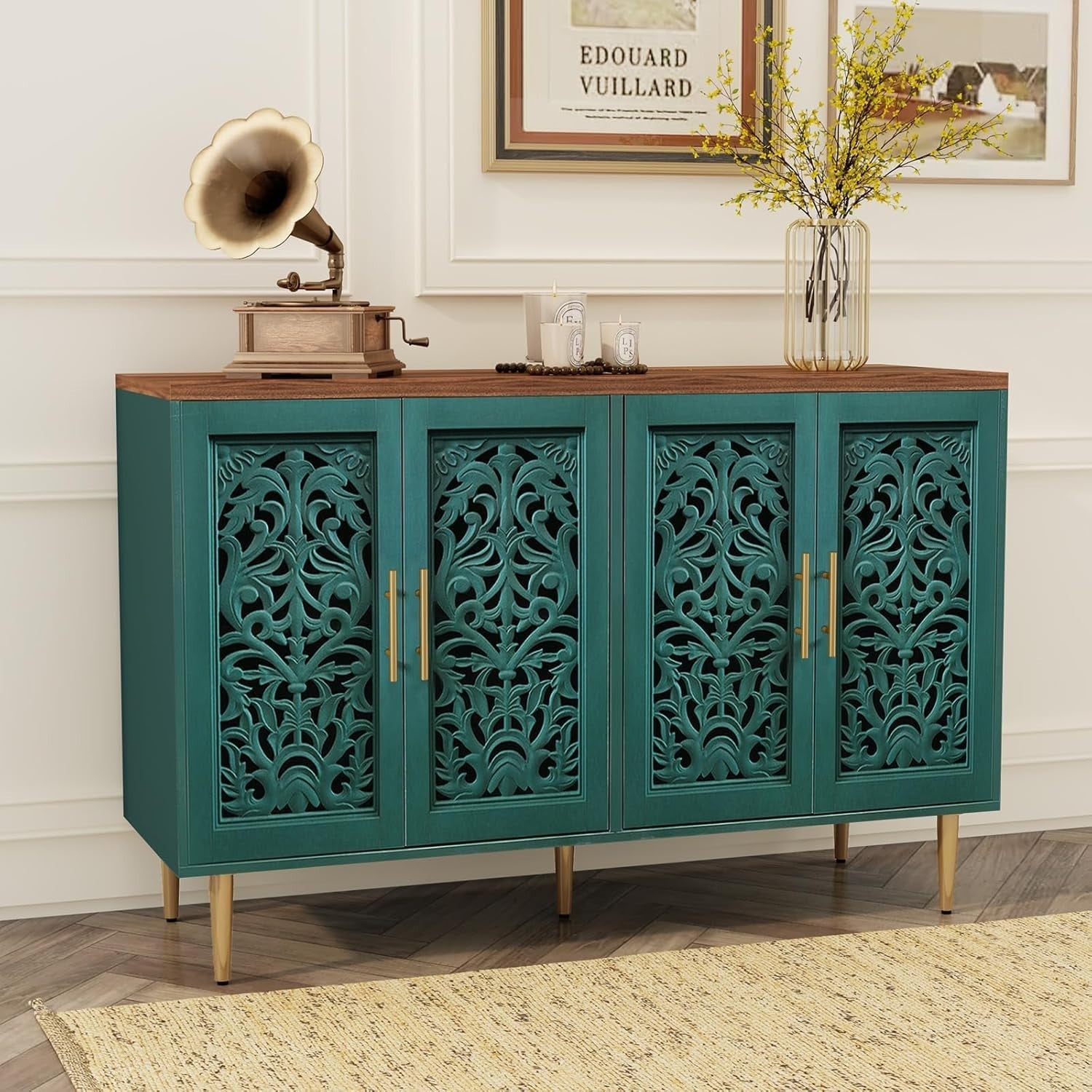 Vintage Green Sideboard Cabinet 4 Doors Hollow Carved Buffet Storage Unit