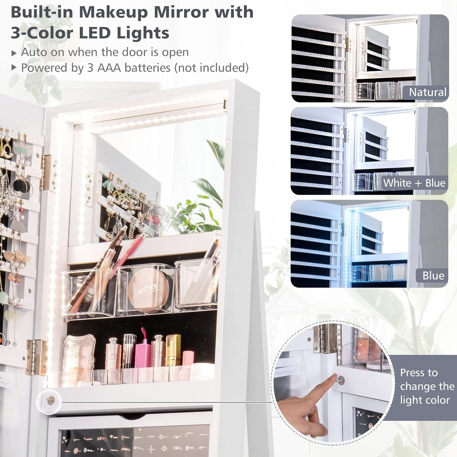 360° Rotating Jewelry Cabinet LED Mirror Lockable Freestanding Organizer