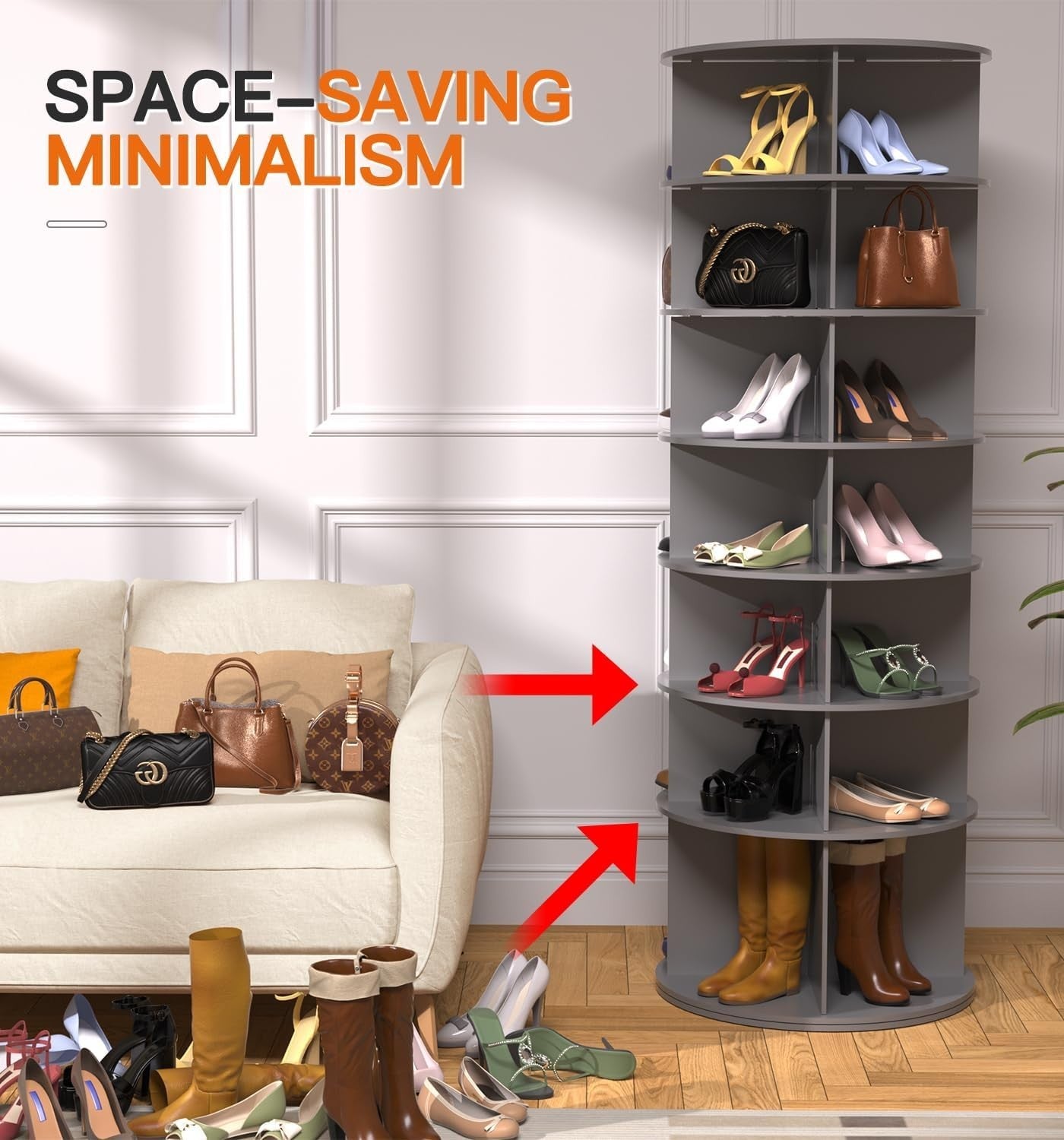 7-Tier Rotating Shoe Rack Tower 67" | 360° Revolving Organizer Stand – Grey
