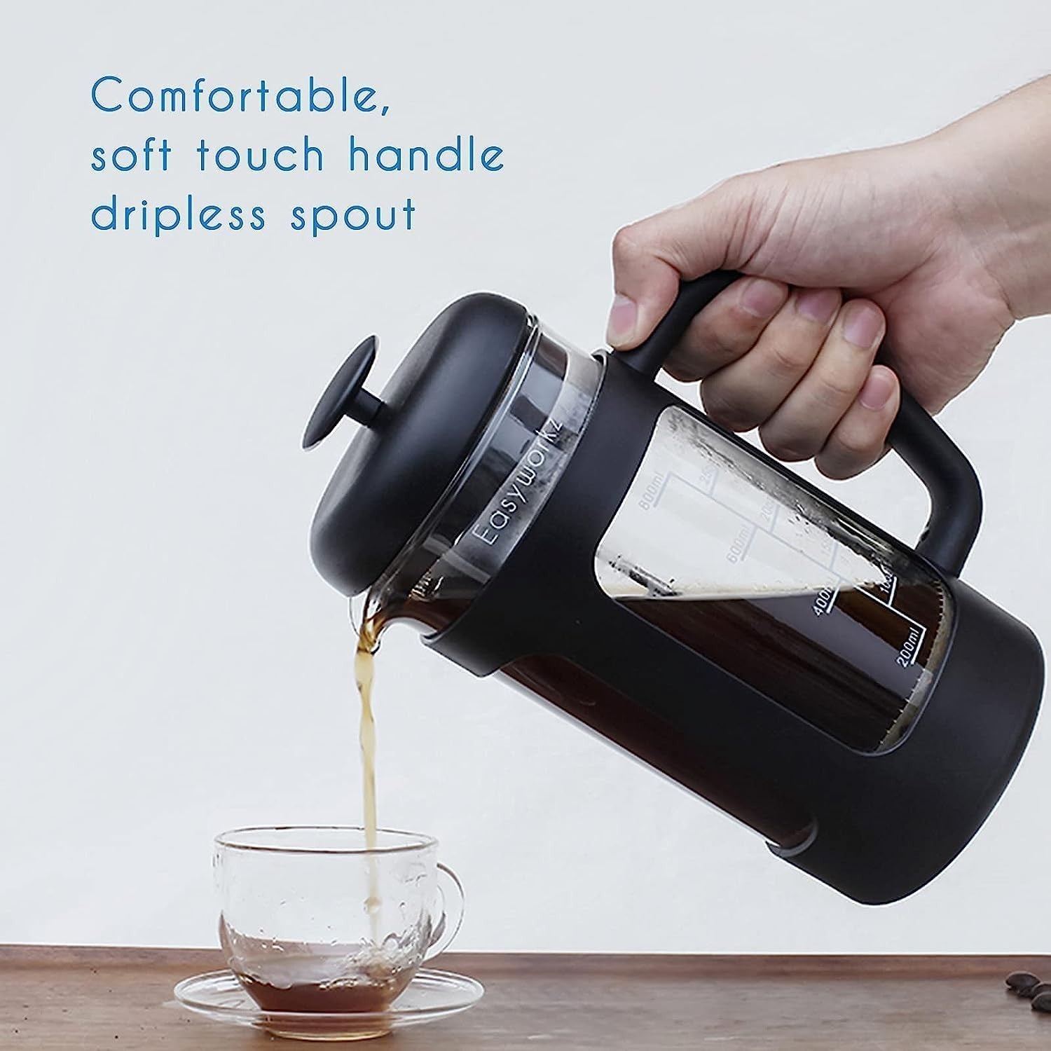 French Press Coffee Maker 350ml Heat-Resistant Glass Soft Grip Handle Portable