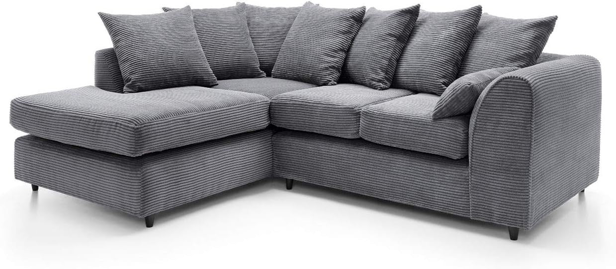 L Shaped Corner Sofa Jumbo Cord Fabric Deep Cushions Grey 212cm Wide