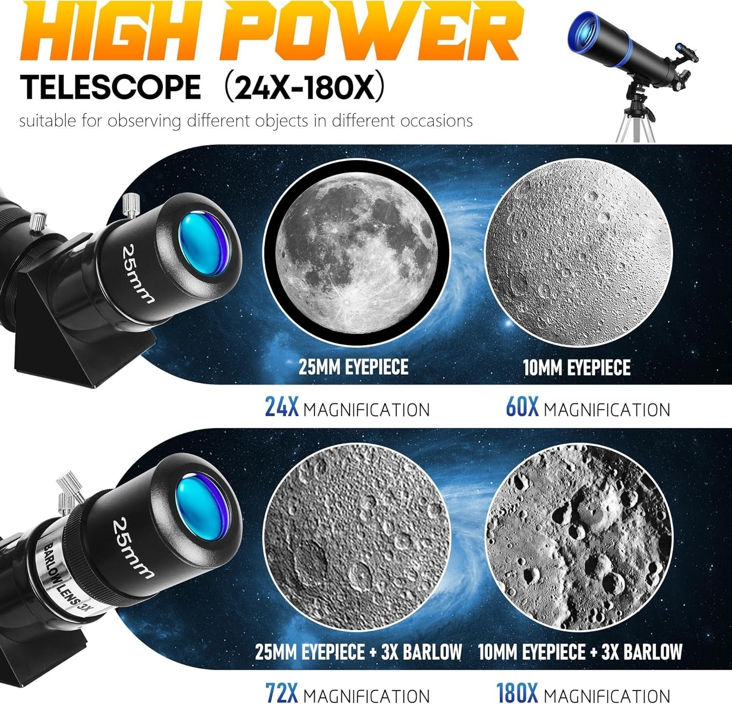 80mm Aperture 600mm Refractor Telescope for Adults & Kids - Black-1