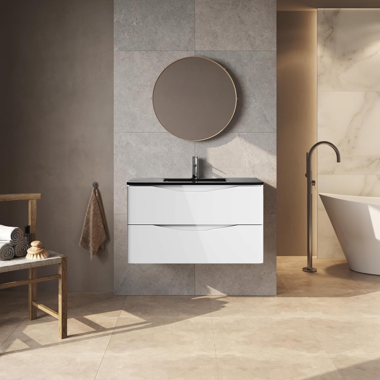 900mm Wall Hung Vanity Unit White Gloss with Grey Glass Basin Bathroom Storage