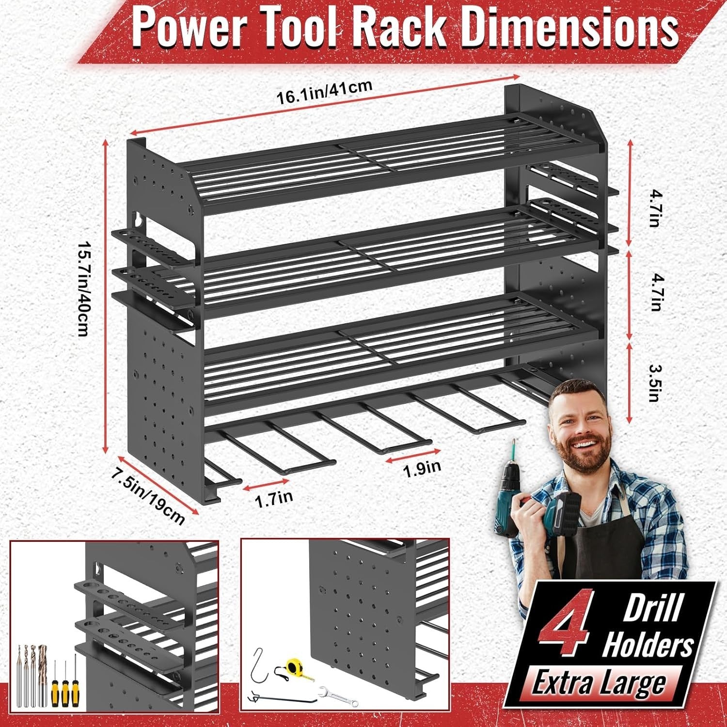 Wall-Mounted Power Tool Rack 4-Tier Screwdriver & Plier Holder Black