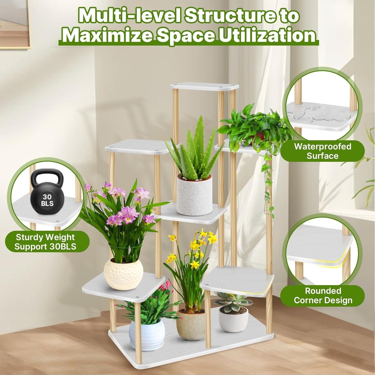 7 Tier Wooden Plant Stand Indoor Outdoor Multi Pot Flower Rack Display Shelf