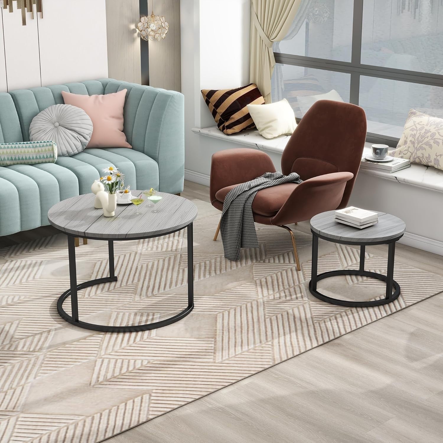 Round Nesting Coffee Table Set Grey Engineered Wood Steel Frame Space Saver
