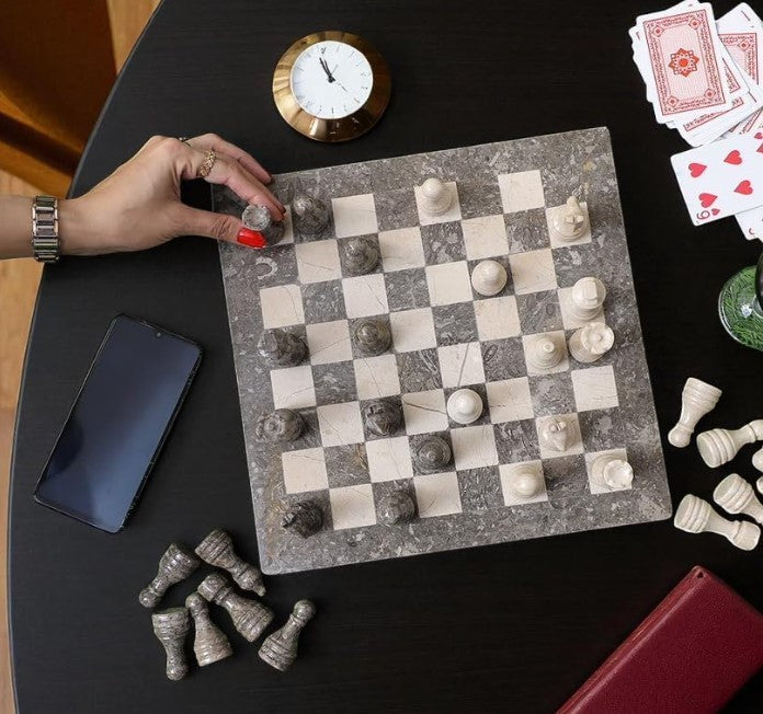 Luxury Marble Chess Set 10x10” Oceanic Grey Stone Board + Handcrafted Pieces