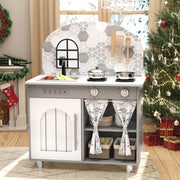 Kids Wooden Play Kitchen w/ Real Sound Stove Grey Toy Set