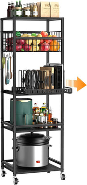 5 Tier Kitchen Rolling Cart Storage Rack with Fruit Basket & Wooden Top