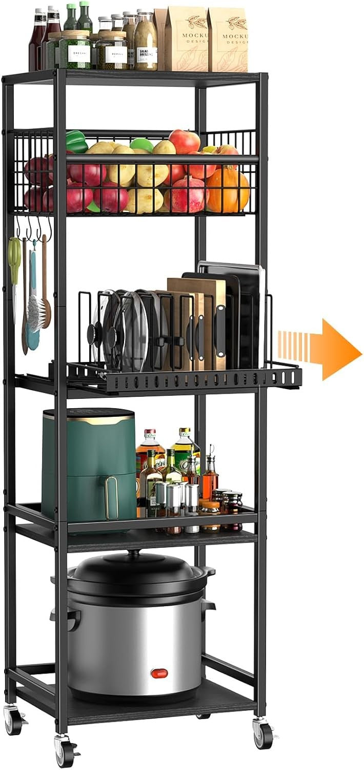 5 Tier Kitchen Rolling Cart Storage Rack with Fruit Basket & Wooden Top