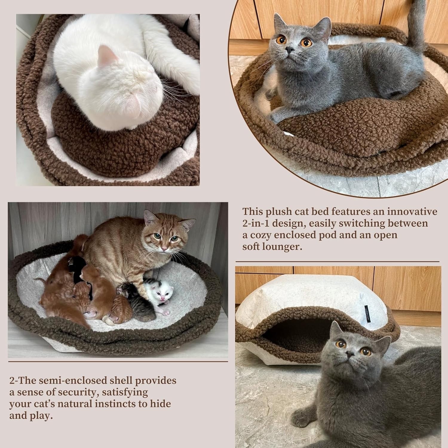 2 in 1 Plush Cat Bed Shell Design Calming Kitten House w Cushion