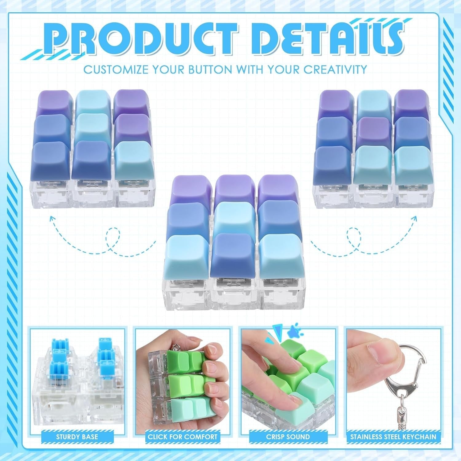 Mechanical Keyboard Clicker Fidget Keychain 3pcs Gradient Stress Toy