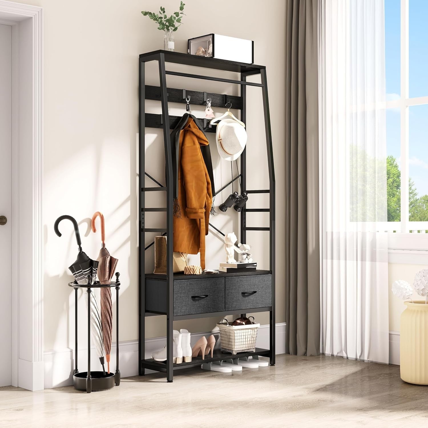 Black Metal Hall Tree Coat Rack | Bench with Shoe Storage & 2 Drawers Organizer
