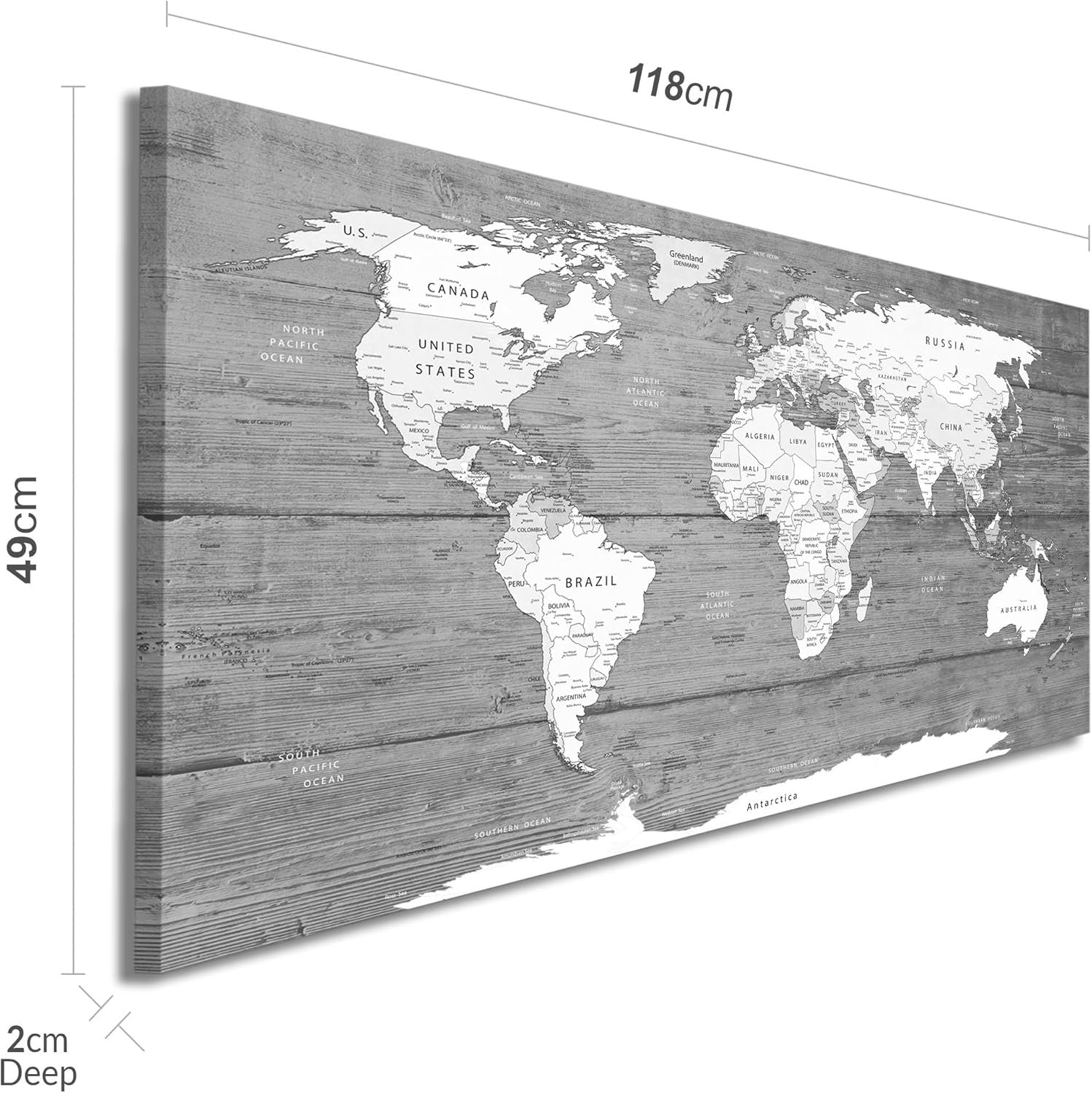 Grey White World Map Canvas Wall Art 118x49cm Modern Home Decor