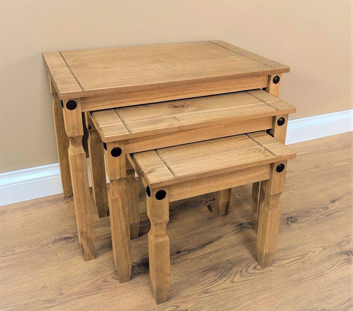 Nest of 3 Pine Wood Side Tables Brown Rustic Antique Wax Finish Easy Assembly