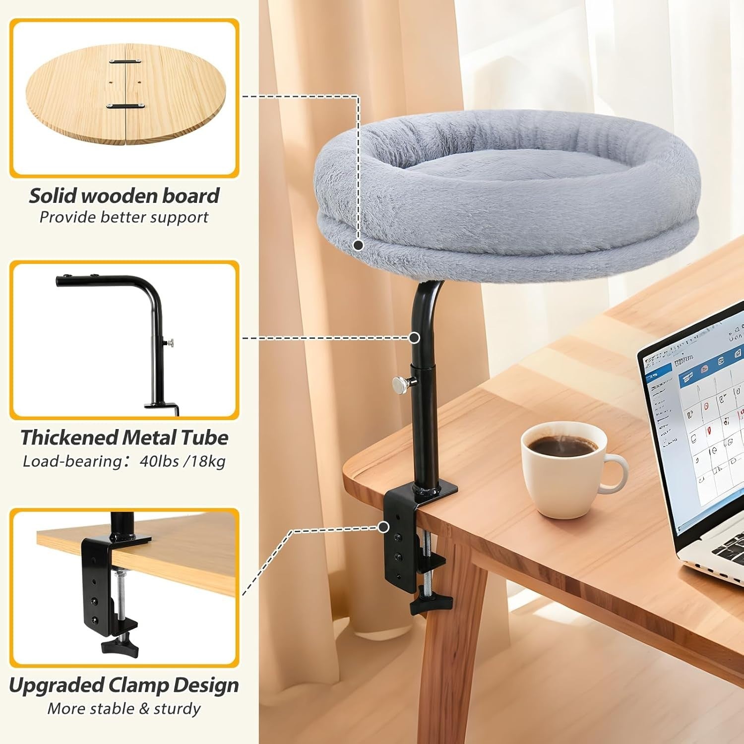 360° Rotating Cat Desk Bed Adjustable Clamp Hammock Perch Grey
