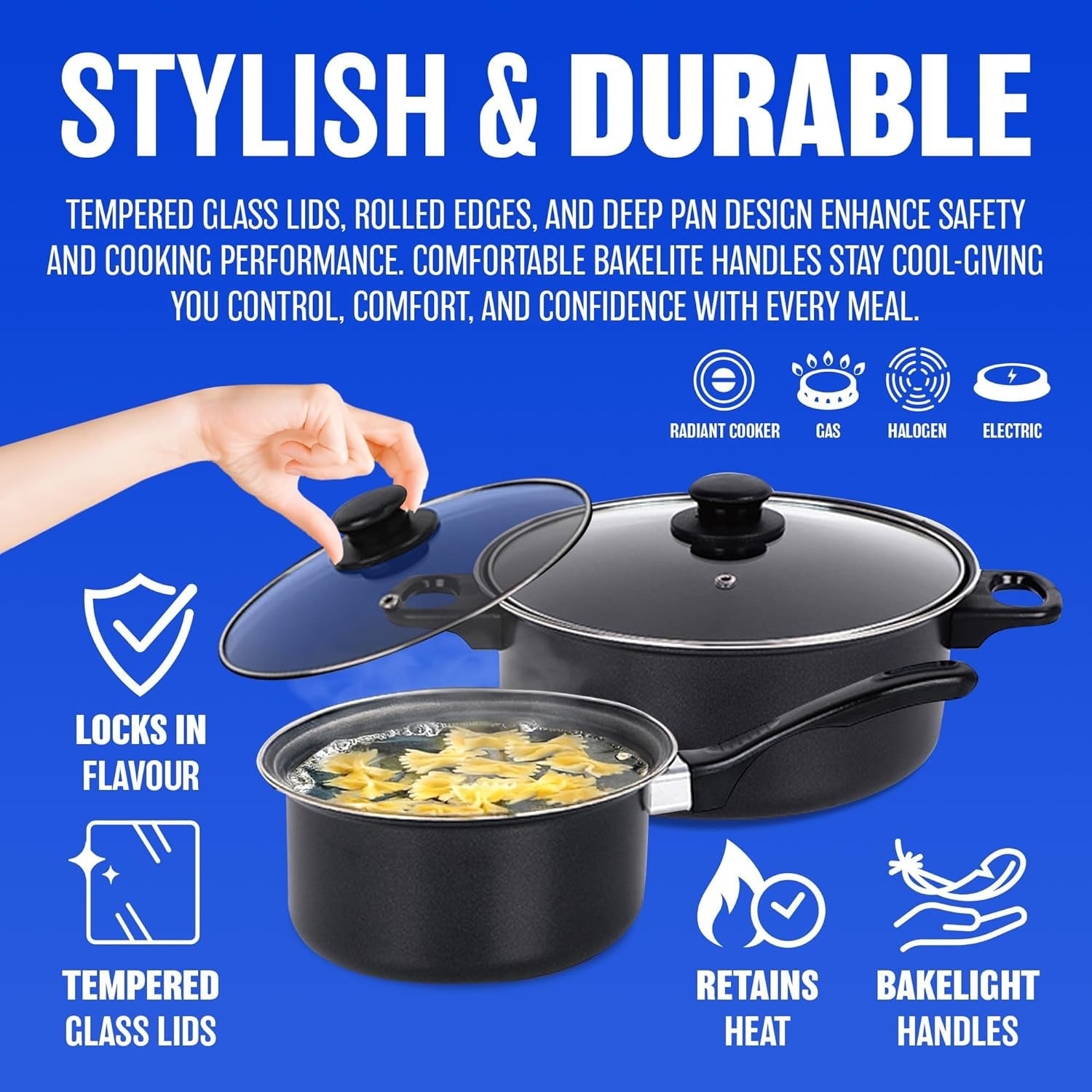 5Pcs Non Stick Carbon Steel Cookware Set with Glass Lids Bakelite Handle Black