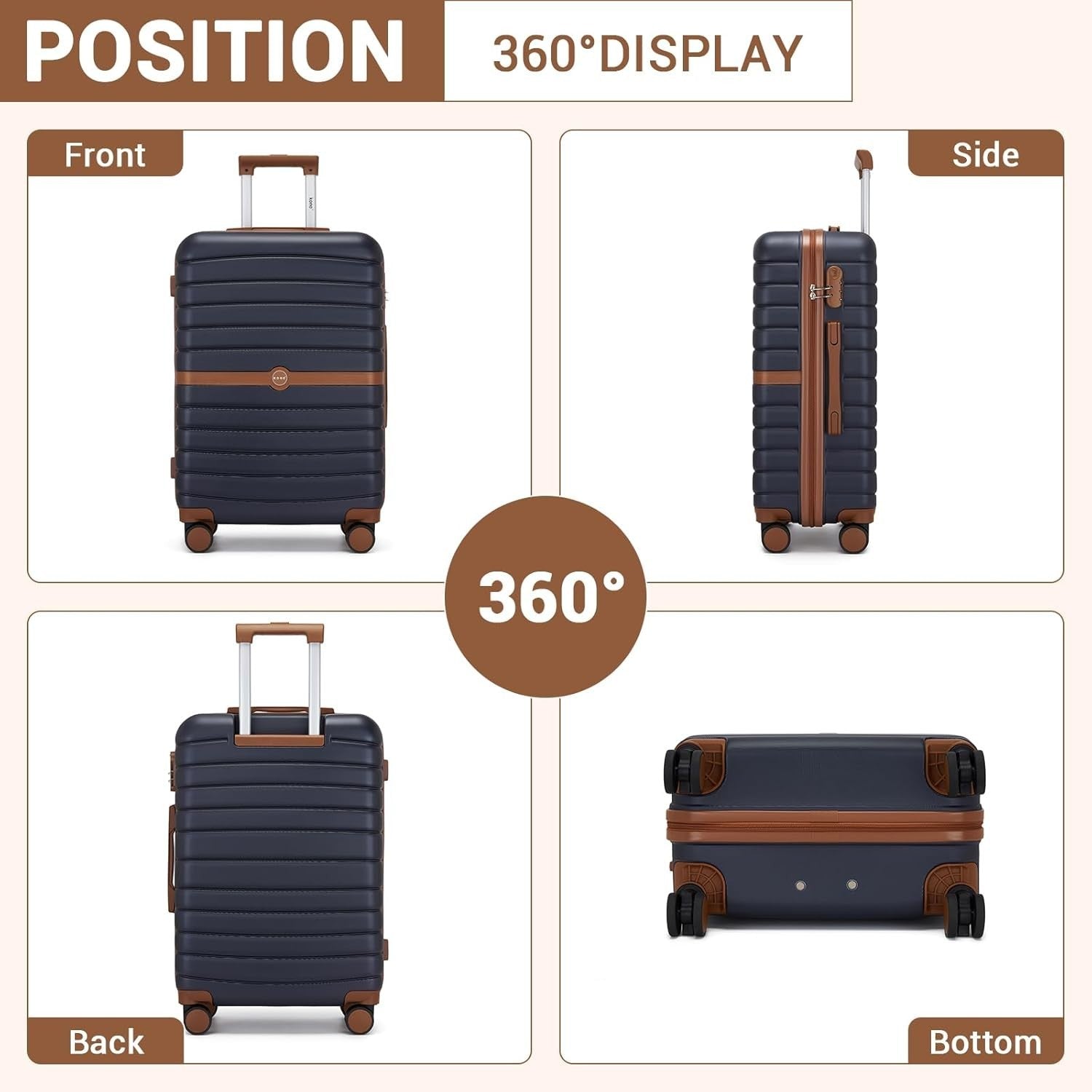 24'' Navy Brown Check In Suitcase ABS PC Hard Shell Spinner Wheels Lock