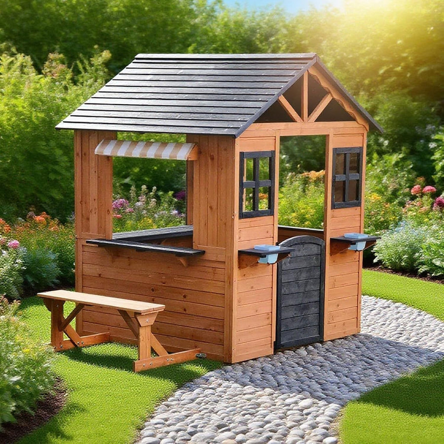 Large Wooden Kids Playhouse Outdoor Garden w Bench Door Windows