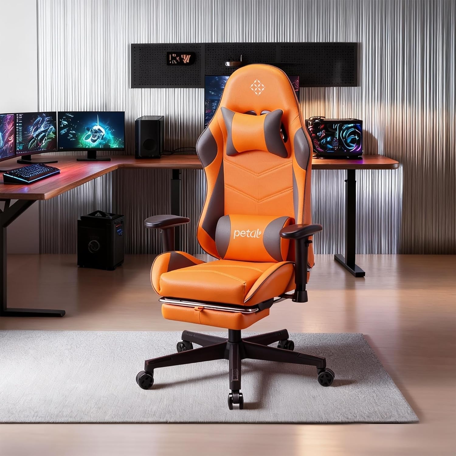 Ergonomic Gaming Chair Recliner w Footrest Lumbar Support Orange
