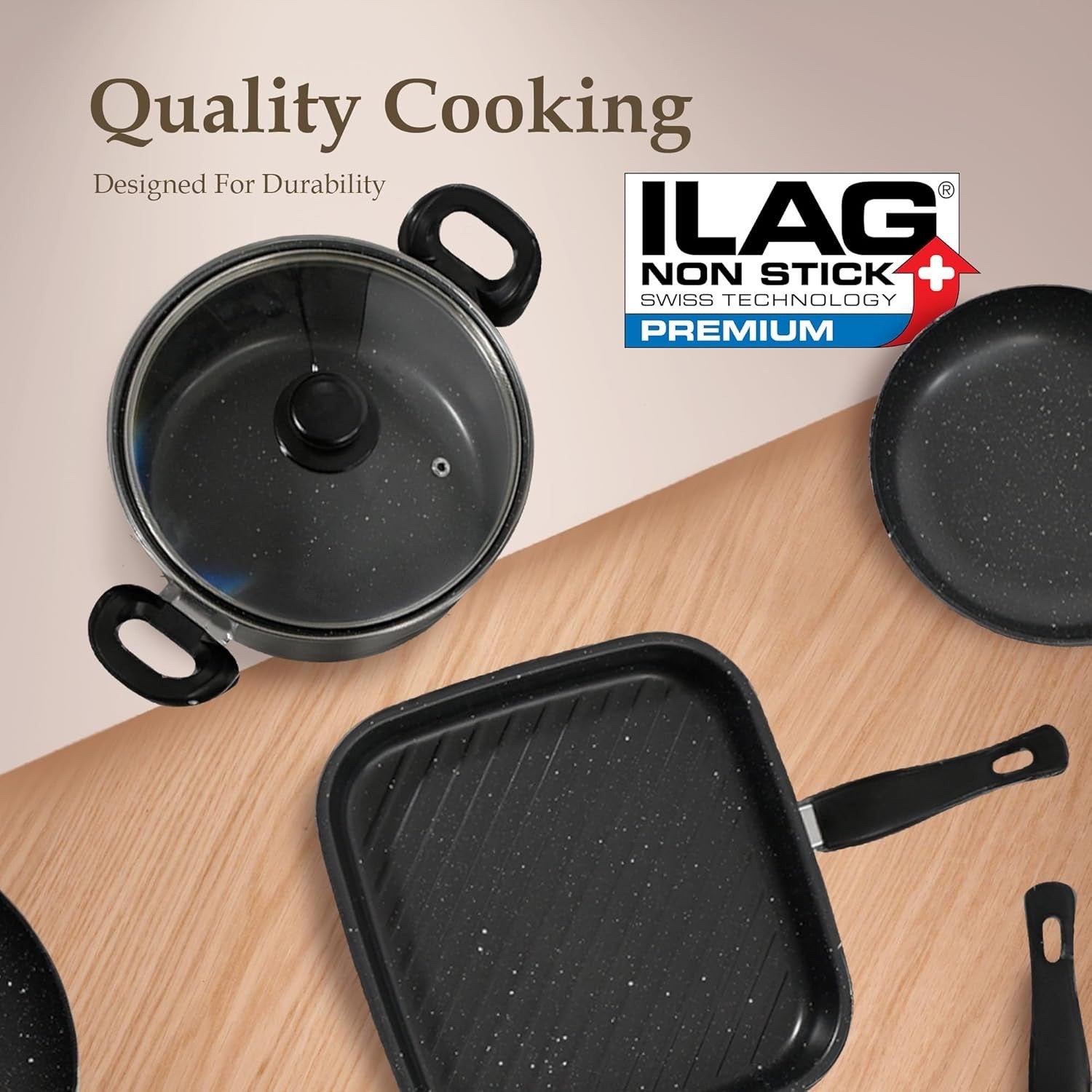 10Pcs Marble Non Stick Cookware Pots and Pans Set with Glass Lids & Grill Pan