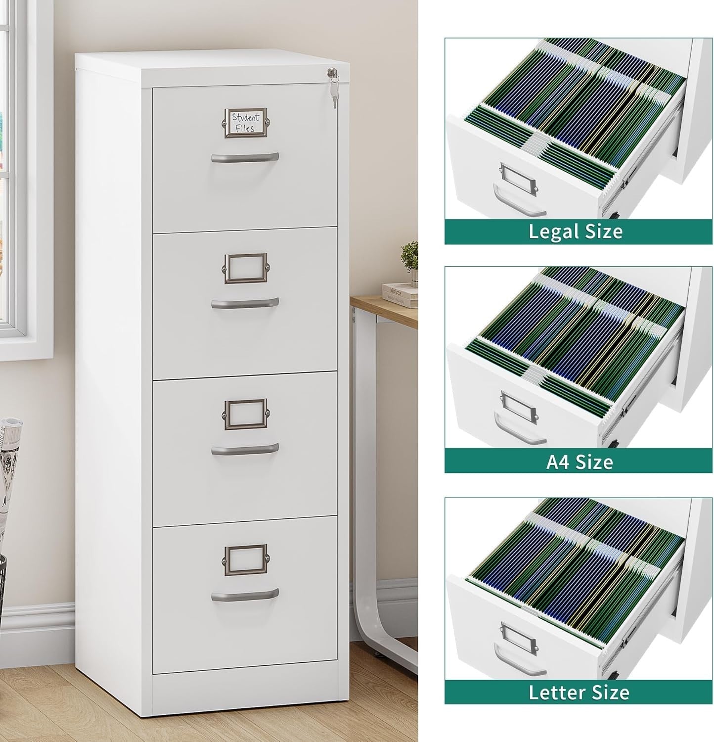 White 4 Drawer Lockable Filing Cabinet Anti Tip Vertical A4 Office Storage