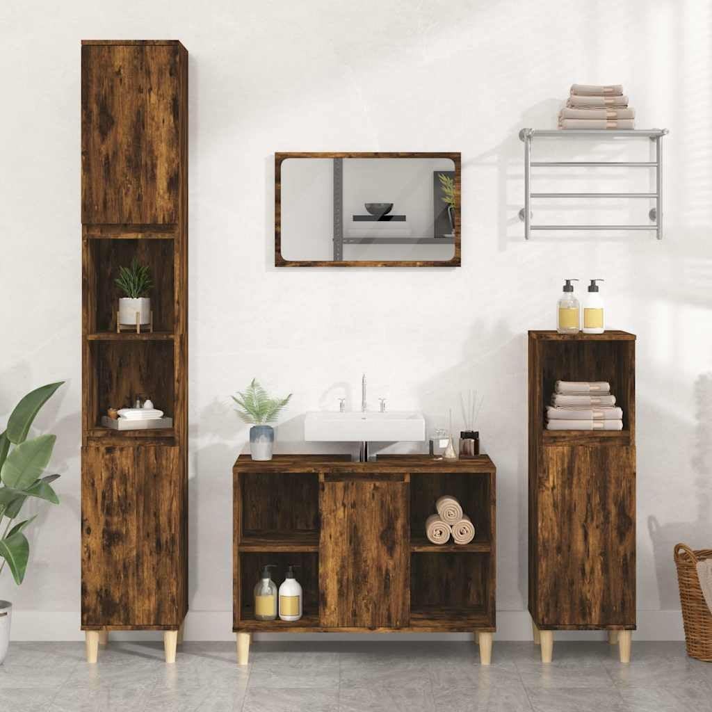 Smoked Oak Bathroom Sink Cabinet – Modern Vanity Unit with Shelves 80cm