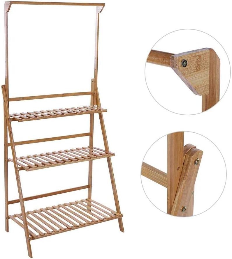 3 Tier Foldable Bamboo Plant Stand with Hanging Bar Indoor Outdoor Flower Shelf